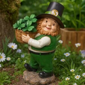 St. Patrick’s Day Leprechaun Statue w/ Shamrocks Garden Lawn Decor 12”